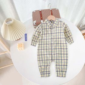 Baby Boy Classic Plaid Pattern Lapel Design Long Sleeve Rompers (Color: Apricot, Size/Age: 66 (3-6M))