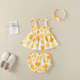 Baby Girl Lemon Fruit Print Sleeveless Dress Combo Short Pants In Sets (Color: Yellow, Size/Age: 90 (12-24M))