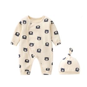 Baby Allover Bear Pattern Snap Button Front Romper Pajamas With Hat (Color: Beige, Size/Age: 80 (9-12M))