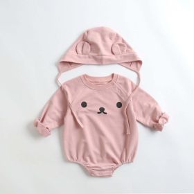 Baby 1pcs Cartoon Print Pattern Long Sleeved Cotton Triangle Onesies With Hat (Color: Pink, Size/Age: 66 (3-6M))