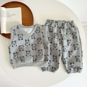 Baby Bear Embroidered Pattern Vest Combo Trousers Sets (Color: Grey, Size/Age: 90 (12-24M))