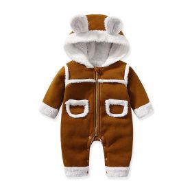 Baby Cute Long Sleeve Design Solid Color Thicken Warm Rompers With Hat (Color: Brown, Size/Age: 80 (9-12M))