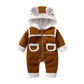 Baby Cute Long Sleeve Design Solid Color Thicken Warm Rompers With Hat (Color: Brown, Size/Age: 80 (9-12M))