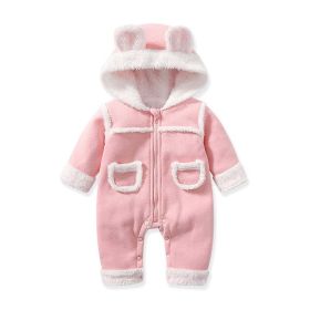 Baby Cute Long Sleeve Design Solid Color Thicken Warm Rompers With Hat (Color: Pink, Size/Age: 66 (3-6M))