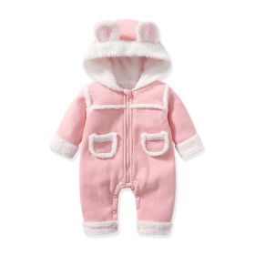 Baby Cute Long Sleeve Design Solid Color Thicken Warm Rompers With Hat (Color: Pink, Size/Age: 73 (6-9M))