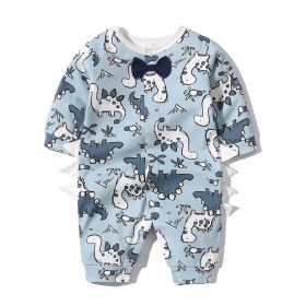 Baby Boy Dinosaur Pattern Bow Tie Patched Design Snap Button Romper Jumpsuit (Color: Blue, Size/Age: 66 (3-6M))