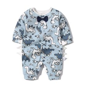 Baby Boy Dinosaur Pattern Bow Tie Patched Design Snap Button Romper Jumpsuit (Color: Blue, Size/Age: 66 (3-6M))