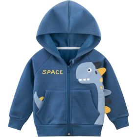 Baby Cartoon Dinosaur Graphic Zipper Front Fleece Coat With Hat (Color: Navy Blue, Size/Age: 120 (5-7Y))