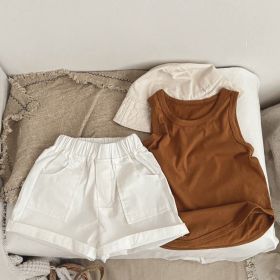 Baby Boy And Girl Solid Color Denim Shorts With Pockets (Color: White, Size/Age: 130 (7-8Y))