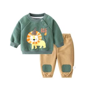 Baby Boy Cartoon Lion Pattern Fleece Hoodie Combo Loose Trousers Sets (Color: Green, Size/Age: 80 (9-12M))