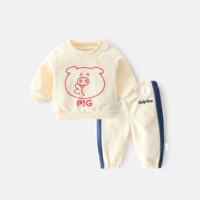 Baby Boy Cartoon Lion Pattern Fleece Hoodie Combo Loose Trousers Sets (Color: Apricot, Size/Age: 80 (9-12M))