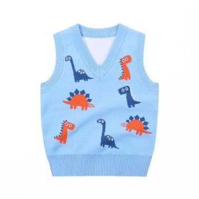 Baby Boy Allover Dinosaur Graphic Sleeveless Knitted Vest Sweater (Color: Blue, Size/Age: 140 (8-10Y))