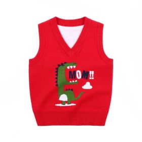 Baby Boy Allover Dinosaur Graphic Sleeveless Knitted Vest Sweater (Color: Red, Size/Age: 140 (8-10Y))