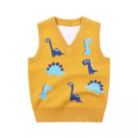 Baby Boy Allover Dinosaur Graphic Sleeveless Knitted Vest Sweater (Color: Yellow, Size/Age: 90 (12-24M))