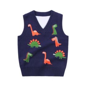 Baby Boy Allover Dinosaur Graphic Sleeveless Knitted Vest Sweater (Color: Navy Blue, Size/Age: 120 (5-7Y))
