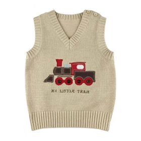 Baby Boy Cartoon Train Pattern Sleeveless Knitted Sweater Vest (Color: Beige, Size/Age: 90 (12-24M))