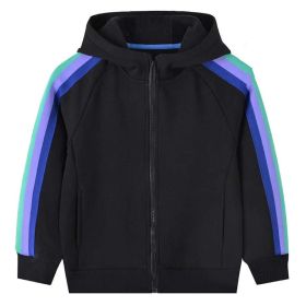 Baby Boy Side Colorful Striped Pattern Zipper Front Design Coat With Hat (Color: Black, Size/Age: 140 (8-10Y))