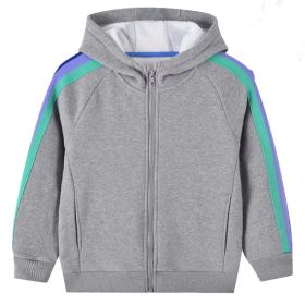 Baby Boy Side Colorful Striped Pattern Zipper Front Design Coat With Hat (Color: Grey, Size/Age: 150 (10-12Y))