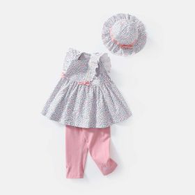 Baby Girls Floral Print Sleeveless Dress Combo Pink Solid Pants With Sun Hat In Sets (Color: Pink, Size/Age: 80 (9-12M))