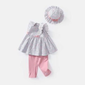 Baby Girls Floral Print Sleeveless Dress Combo Pink Solid Pants With Sun Hat In Sets (Color: Pink, Size/Age: 73 (6-9M))