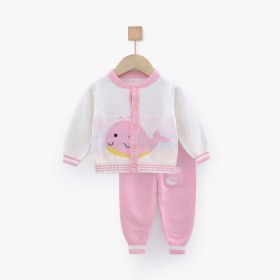 Baby Cartoon Pattern Button Front Cardigan With Contrast Design Trousers Sets (Color: Pink, Size/Age: 90 (12-24M))