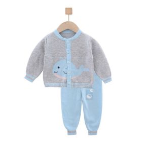 Baby Cartoon Pattern Button Front Cardigan With Contrast Design Trousers Sets (Color: Grey, Size/Age: 90 (12-24M))
