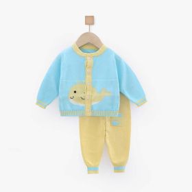 Baby Cartoon Pattern Button Front Cardigan With Contrast Design Trousers Sets (Color: Yellow, Size/Age: 73 (6-9M))