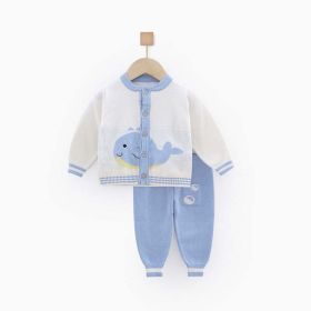 Baby Cartoon Pattern Button Front Cardigan With Contrast Design Trousers Sets (Color: Blue, Size/Age: 73 (6-9M))