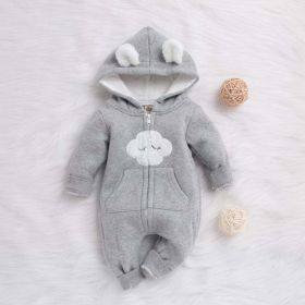 Baby Cartoon Cloud Pattern Zipper Front Solid Color Fleece Rompers With Hat (Color: Grey, Size/Age: 80 (9-12M))