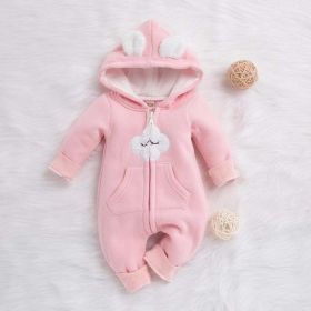 Baby Cartoon Cloud Pattern Zipper Front Solid Color Fleece Rompers With Hat (Color: Pink, Size/Age: 90 (12-24M))