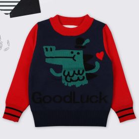 Baby Boy Cartoon Dinosaur Graphic ColorBlock Sleeves Design Fashion Pullover Sweater (Color: Navy Blue, Size/Age: 100 (2-3Y))