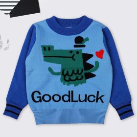 Baby Boy Cartoon Dinosaur Graphic ColorBlock Sleeves Design Fashion Pullover Sweater (Color: Blue, Size/Age: 110 (3-5Y))
