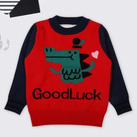 Baby Boy Cartoon Dinosaur Graphic ColorBlock Sleeves Design Fashion Pullover Sweater (Color: Red, Size/Age: 90 (12-24M))