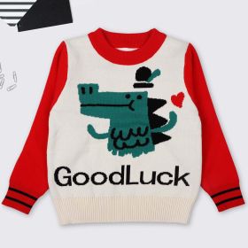 Baby Boy Cartoon Dinosaur Graphic ColorBlock Sleeves Design Fashion Pullover Sweater (Color: White, Size/Age: 110 (3-5Y))