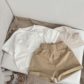 Baby Boy And Girl Solid Color Denim Shorts With Pockets (Color: Khaki, Size/Age: 90 (12-24M))
