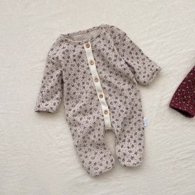 Baby Ditsy Flower Pattern Full Button Design Waffle Knit Rompers (Color: Apricot, Size/Age: 66 (3-6M))