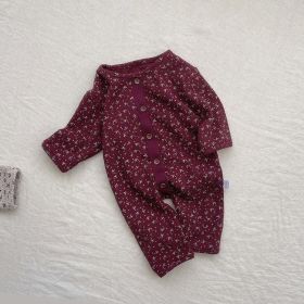 Baby Ditsy Flower Pattern Full Button Design Waffle Knit Rompers (Color: Red, Size/Age: 90 (12-24M))