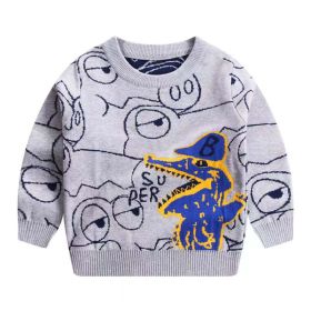Baby Boy 1pcs Cartoon Dinosaur Embroidered Pattern Fleece Warm Sweater (Color: Grey, Size/Age: 100 (2-3Y))