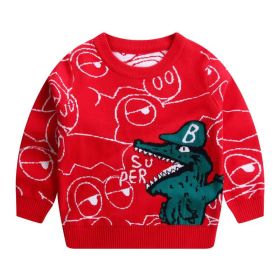 Baby Boy 1pcs Cartoon Dinosaur Embroidered Pattern Fleece Warm Sweater (Color: Red, Size/Age: 130 (7-8Y))