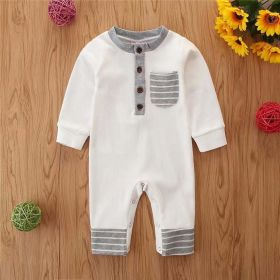 Baby Boy Striped Pattern Quarter Button Design Long Sleeved Romper (Color: White, Size/Age: 90 (12-24M))