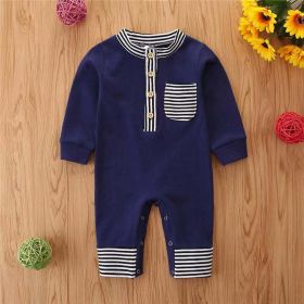 Baby Boy Striped Pattern Quarter Button Design Long Sleeved Romper (Color: Navy Blue, Size/Age: 90 (12-24M))