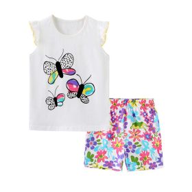 Baby Girl Floral Pattern Crewneck T-Shirt Summer Clothing Sets (Color: Purple, Size/Age: 130 (7-8Y))