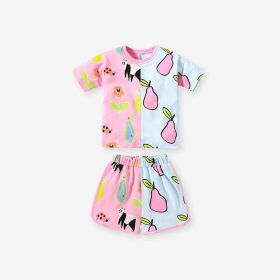 Baby Girl Fruit Pattern Colorblock Design Summer Clothing Sets (Color: Pink, Size/Age: 120 (5-7Y))
