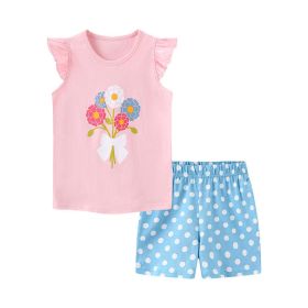 Baby Girl Floral Pattern Crewneck T-Shirt Summer Clothing Sets (Color: Blue, Size/Age: 120 (5-7Y))