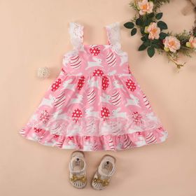 Baby Girl Rabbit & Egg Graphic Mesh Patchwork Design Sleeveless Dress (Color: Pink, Size/Age: 110 (3-5Y))