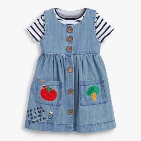 Baby Girl Cartoon Vegetable Embroidered Pattern Button Front Denim Vest Dress (Color: Blue, Size/Age: 140 (8-10Y))
