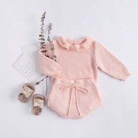 Baby Girl 1pcs Ruffle Neck Solid Shirts And Belted Triangle Shorts Fall Winter Knit Sets (Color: Pink, Size/Age: 73 (6-9M))