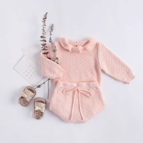 Baby Girl 1pcs Ruffle Neck Solid Shirts And Belted Triangle Shorts Fall Winter Knit Sets (Color: Pink, Size/Age: 90 (12-24M))
