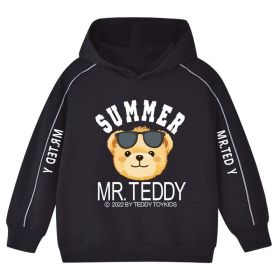 Baby Boy Cartoon Bear Pattern Glowing Tape Design Hoodies With Cap (Color: Black, Size/Age: 140 (8-10Y))