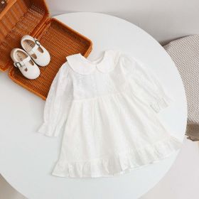 Baby Girl Solid Color White Mesh Embroidered Pattern Long Sleeve Dress (Color: White, Size/Age: 100 (2-3Y))
